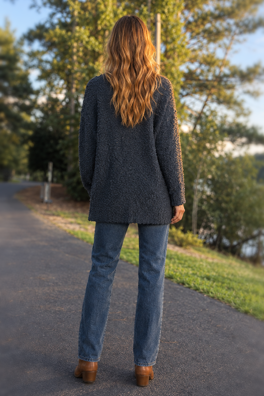 TW-1938AB Navy Popcorn Knit Open Front Cardigan