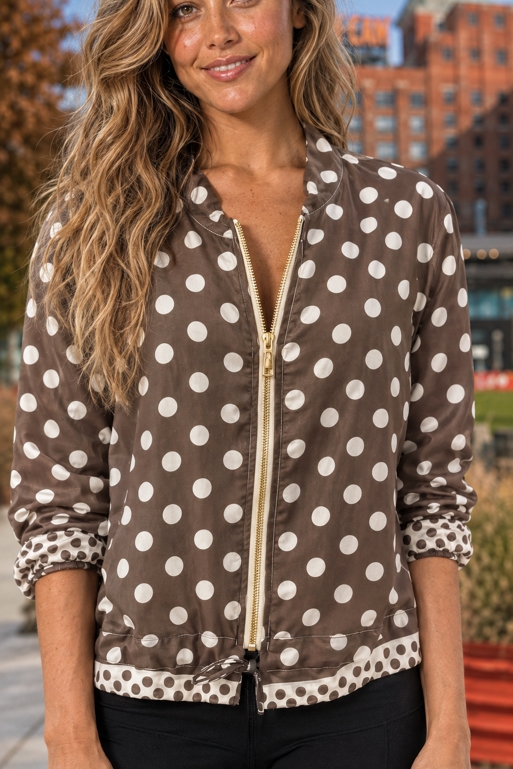 Polka Dot Satin Zip Jacket — Overall construction detail
