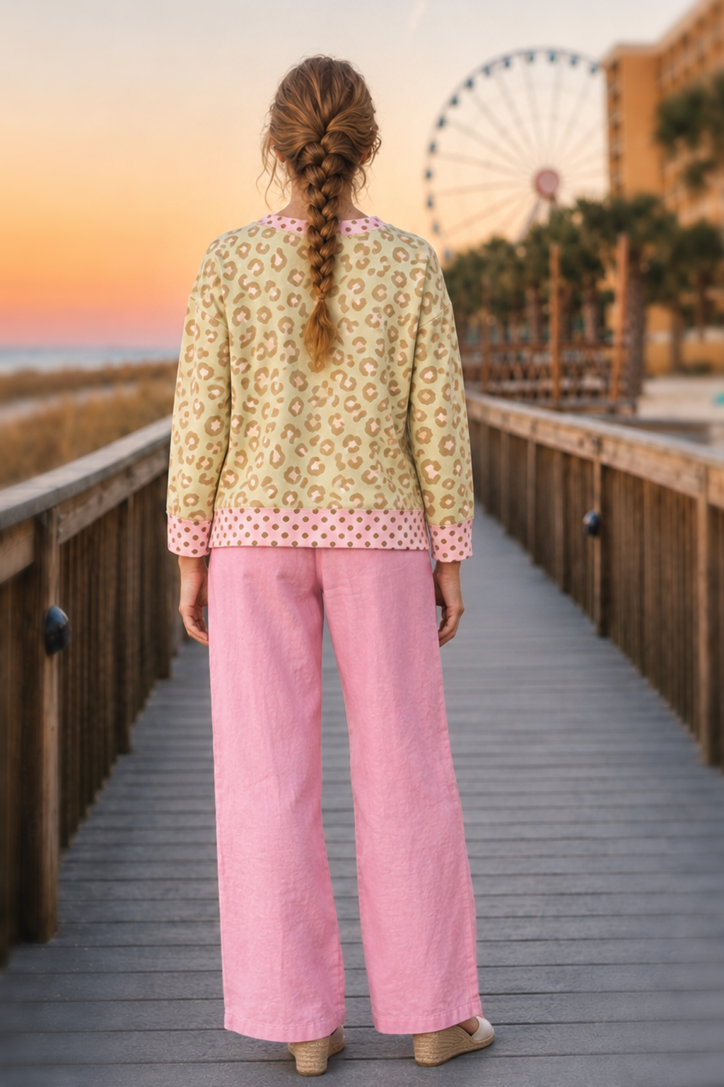 Leopard Print Polka Dot Trim Sweatshirt