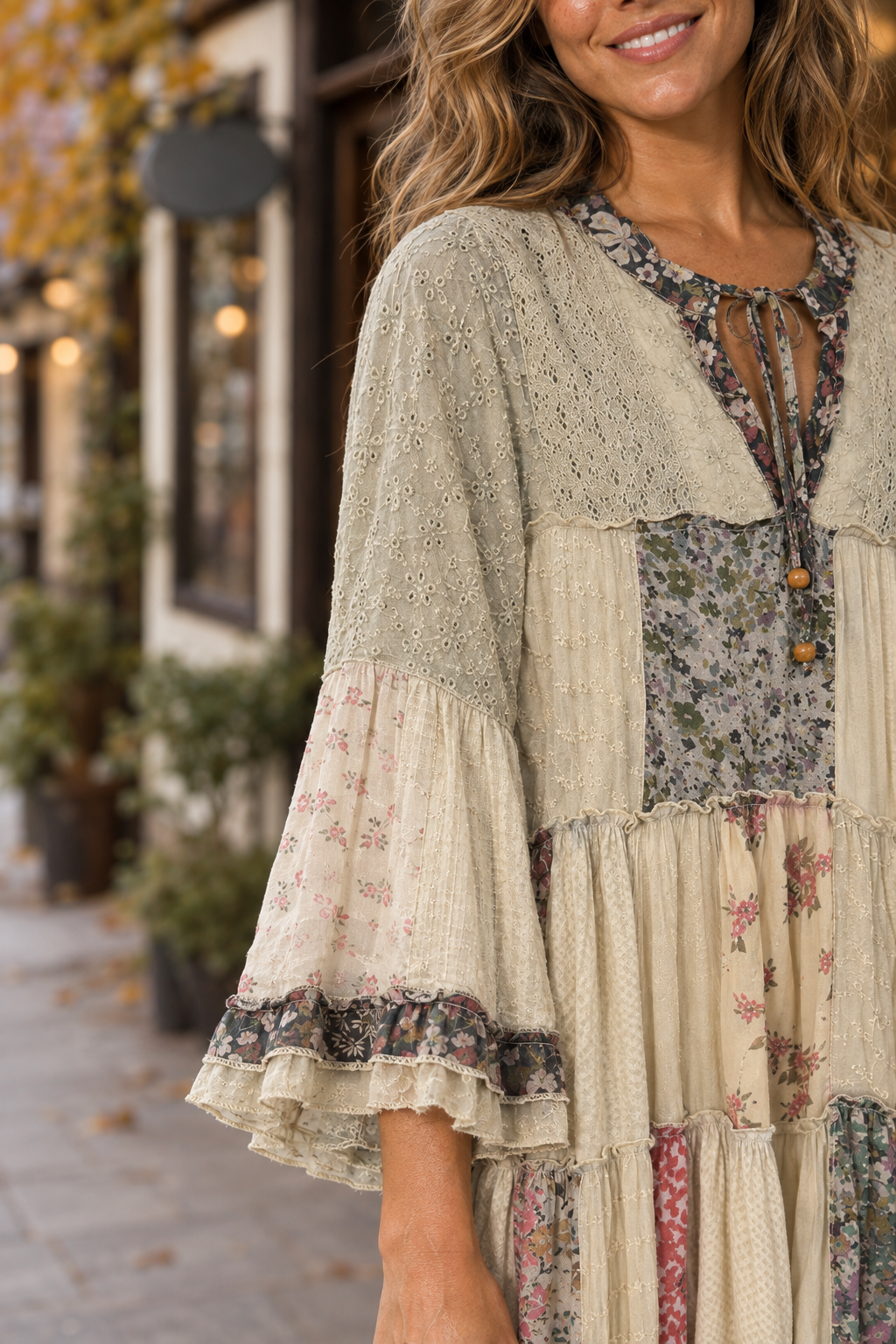 44668 Boho Patchwork Tiered Maxi Dress — Sleeves detail