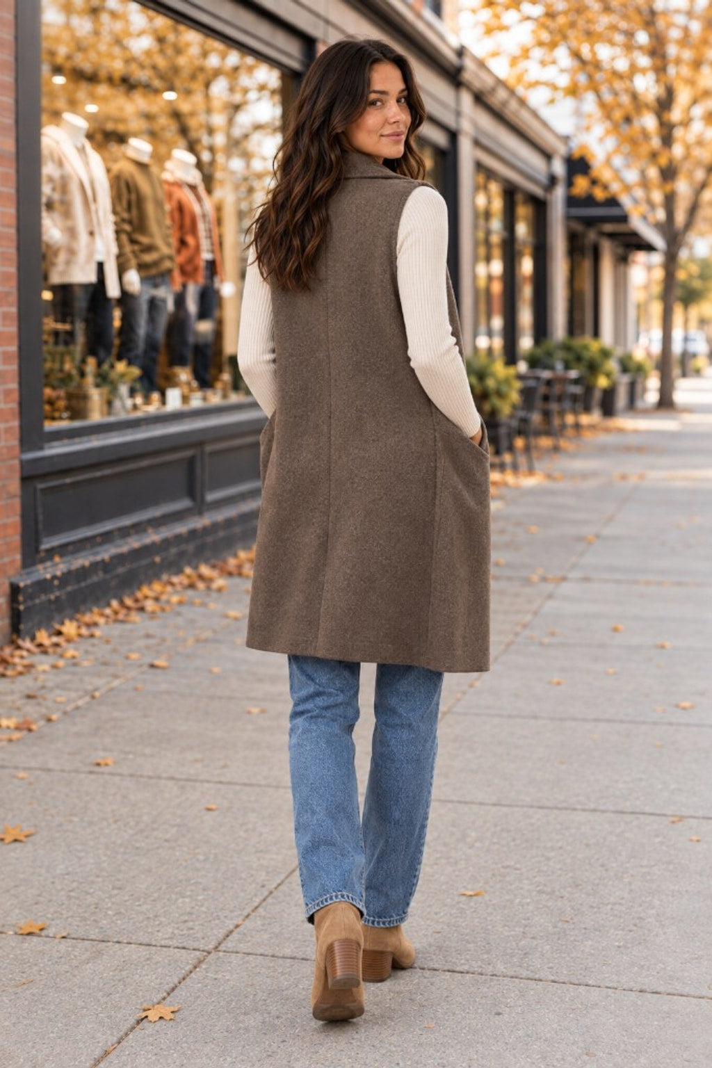 5052 Taupe Longline Lapel Sleeveless Vest