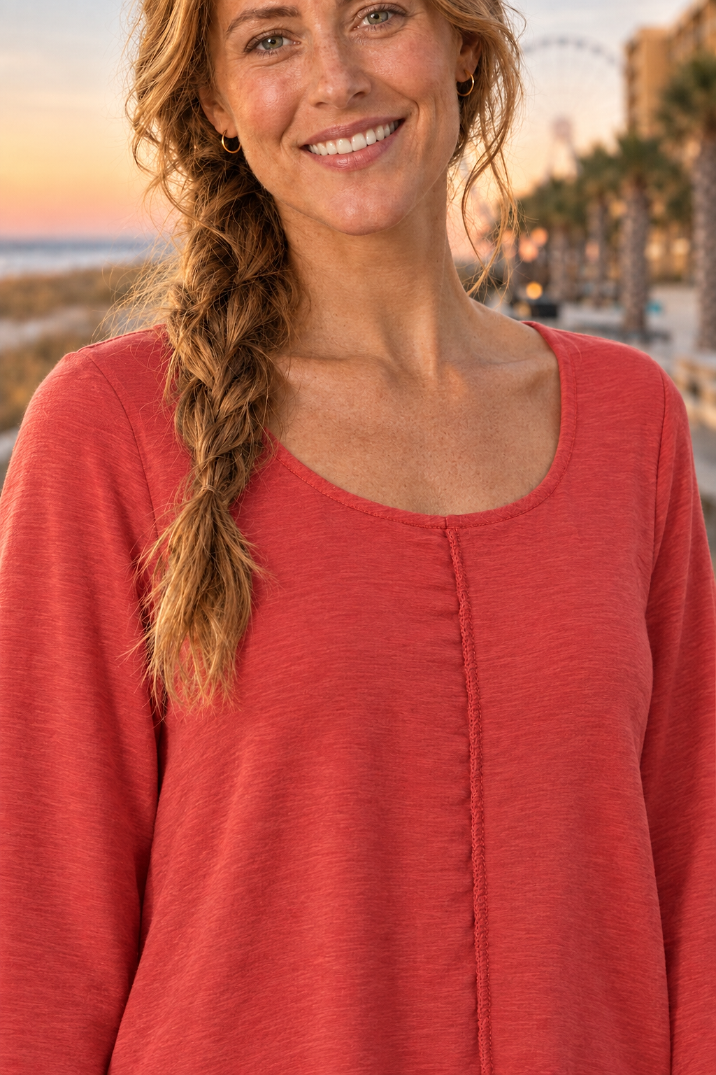 687 Red Bell Sleeve Flowy Knit Top — Neckline detail