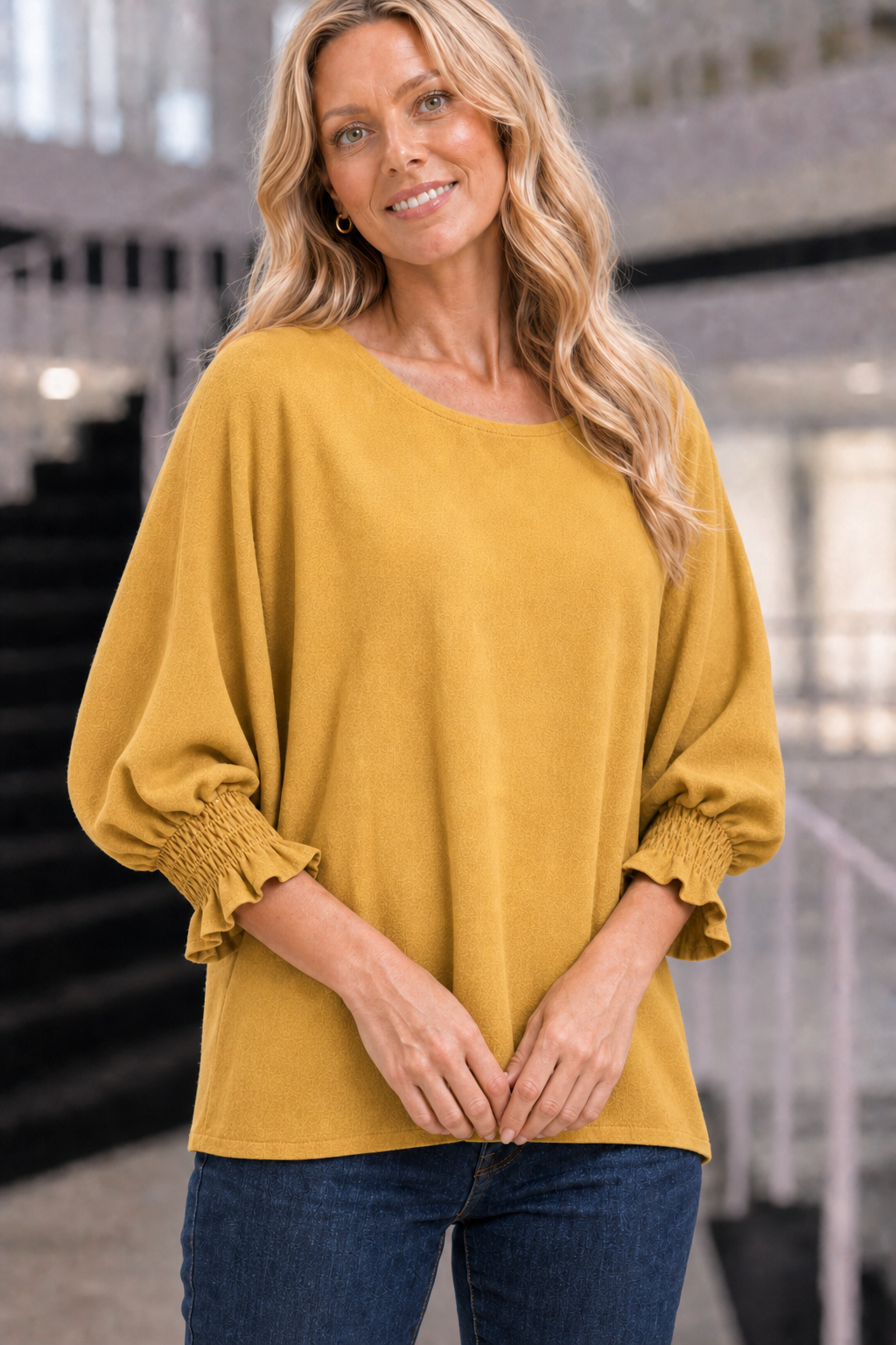 5547 Mustard Smocked Cuff Knit Top — Sleeves detail
