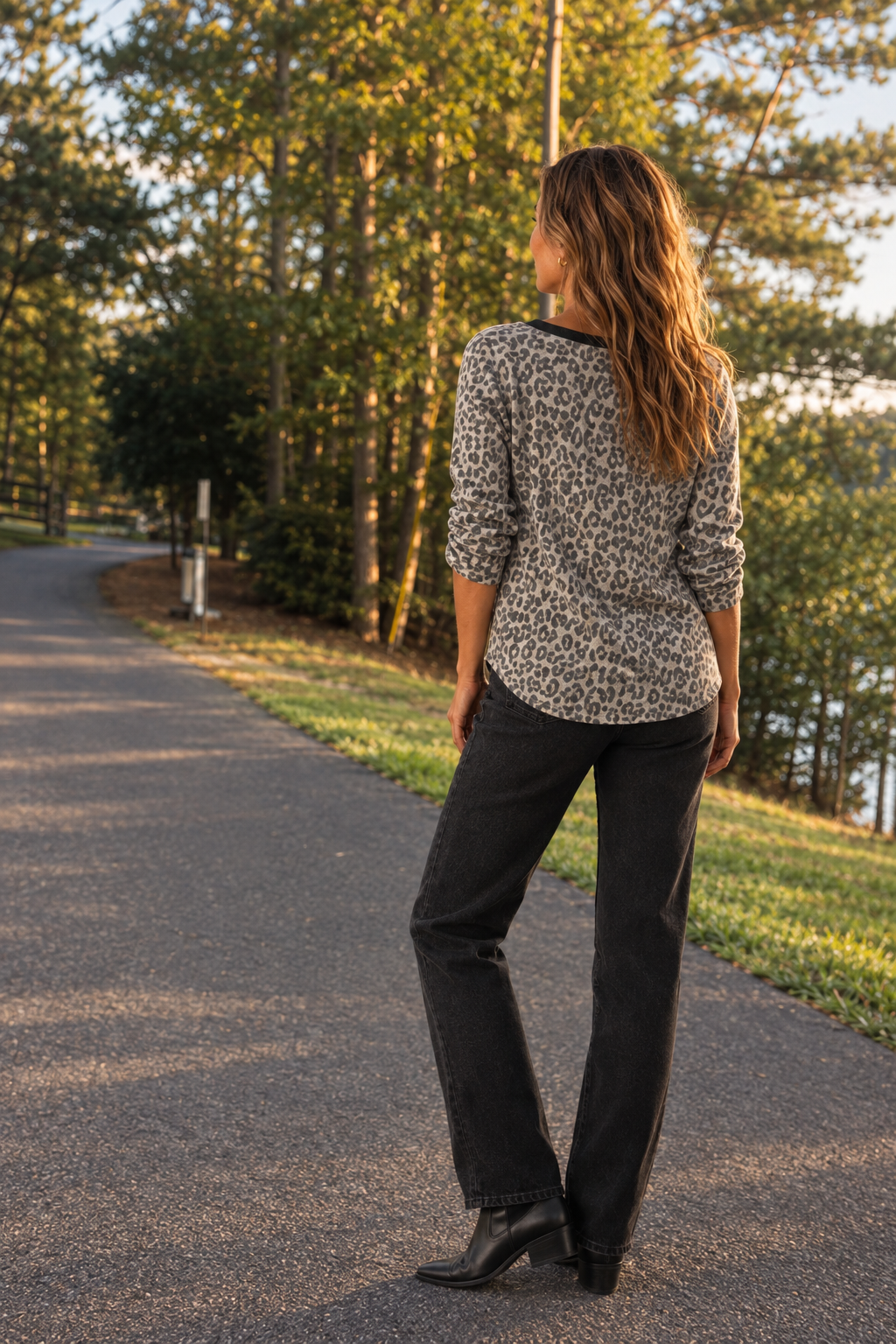 T6478 Leopard Print Notched V-Neck Knit Top — back view
