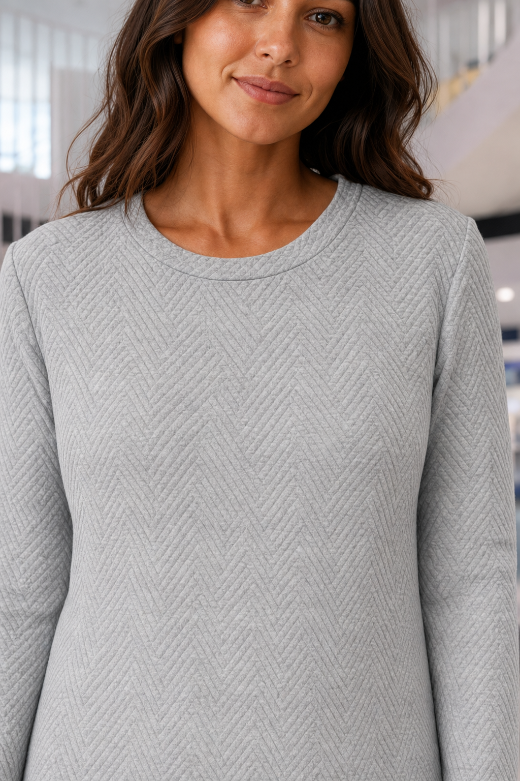 031 Heather Gray Chevron Knit Sweater Dress — chevron knit detail