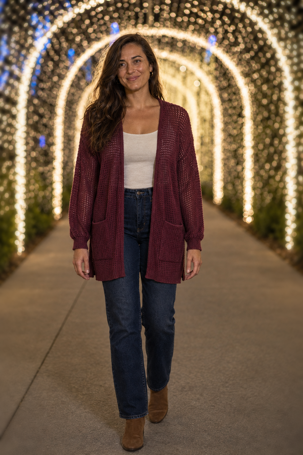 2734 Burgundy Waffle Knit Pocket Cardigan