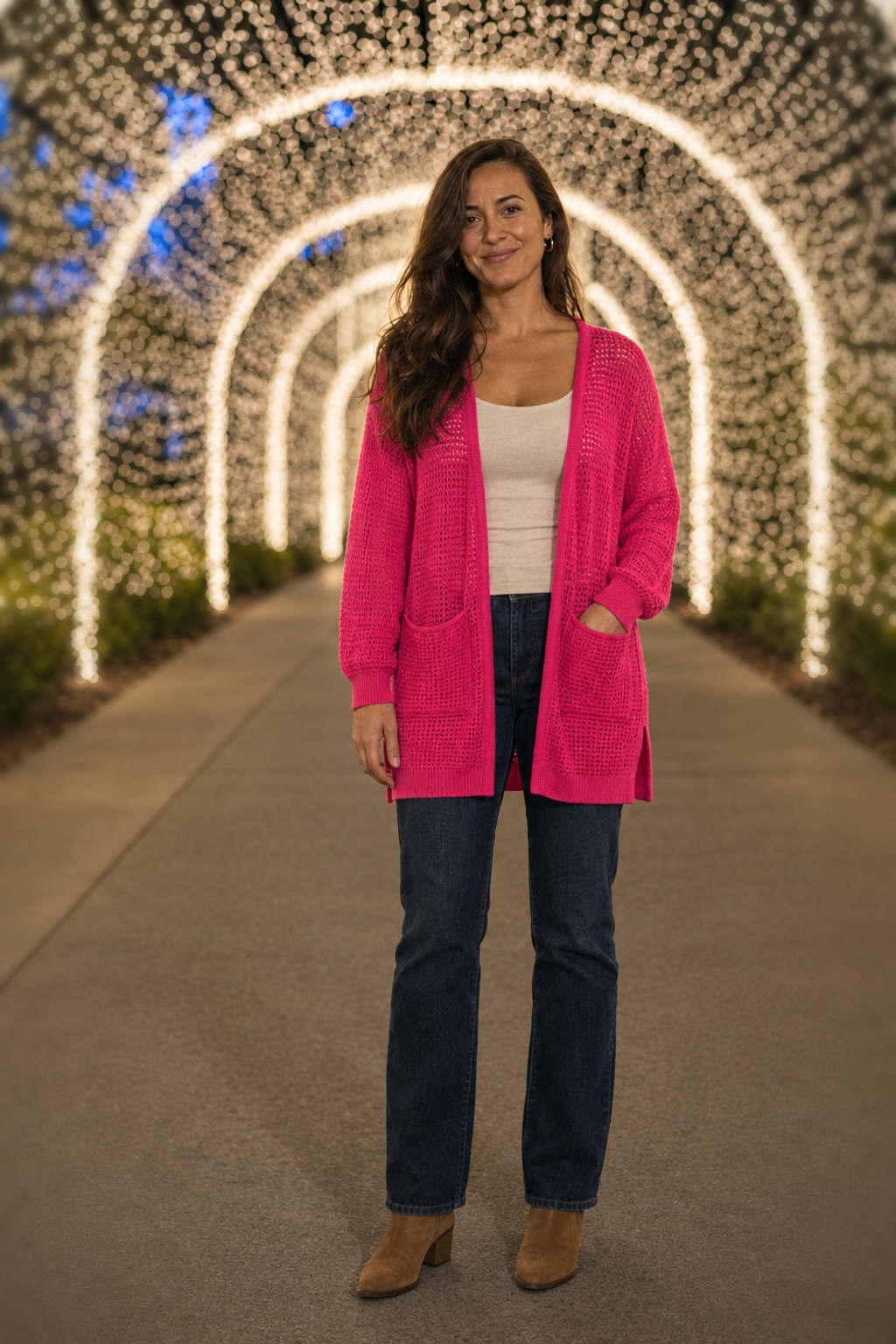 2734 Hot Pink Waffle Knit Pocket Cardigan