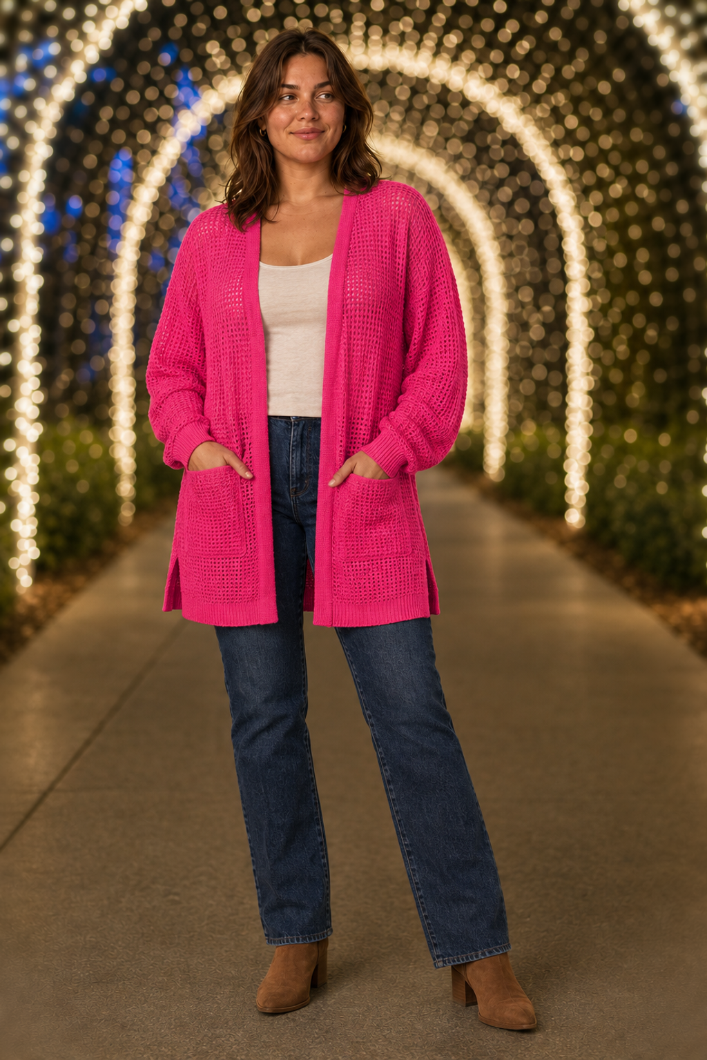 2734 Hot Pink Waffle Knit Pocket Cardigan Plus