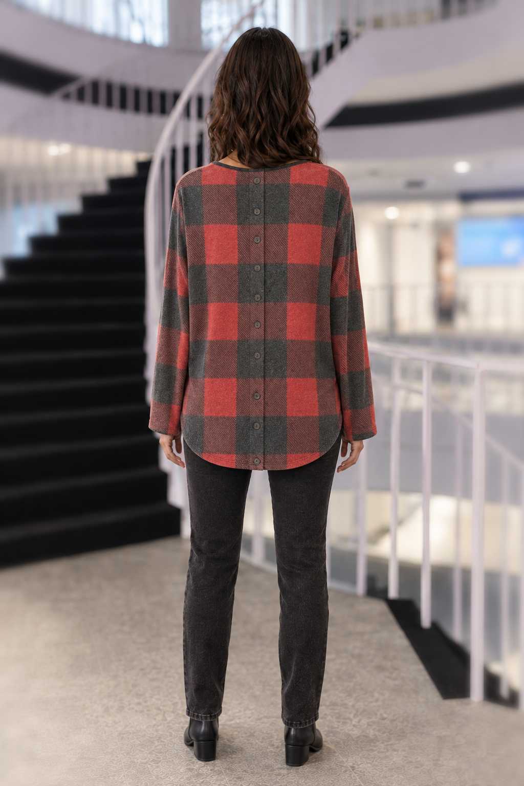 5542 Red Plaid Button Back Hacci Top — back
