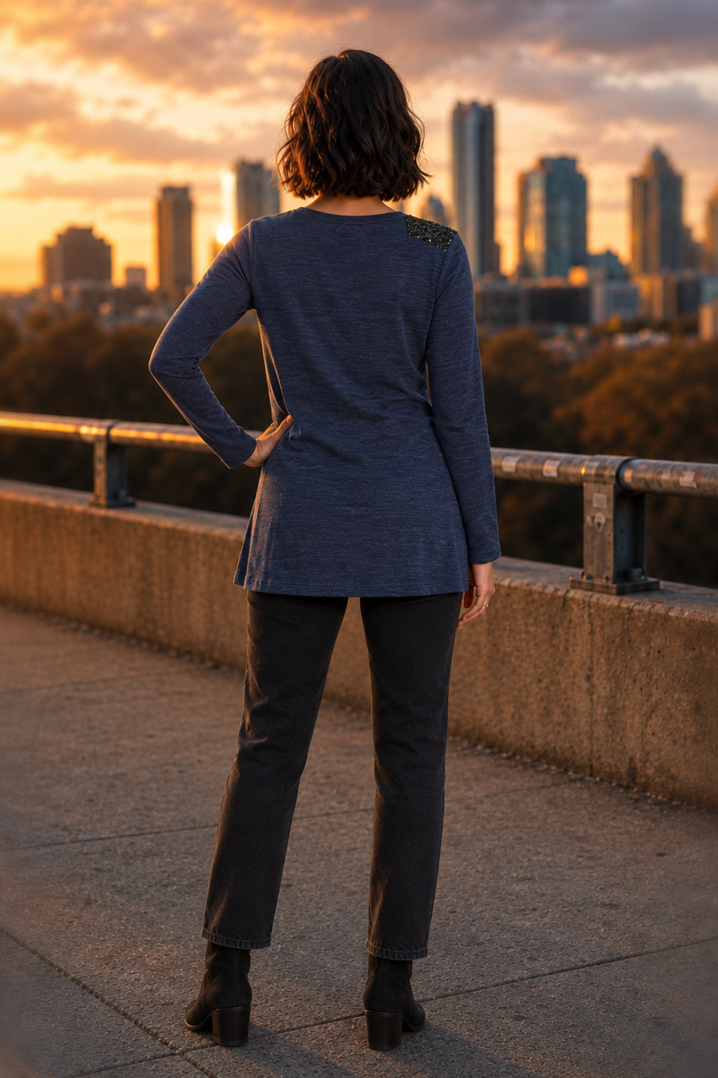 2001 Navy Patchwork Lace Trim Mixed Media Top — back