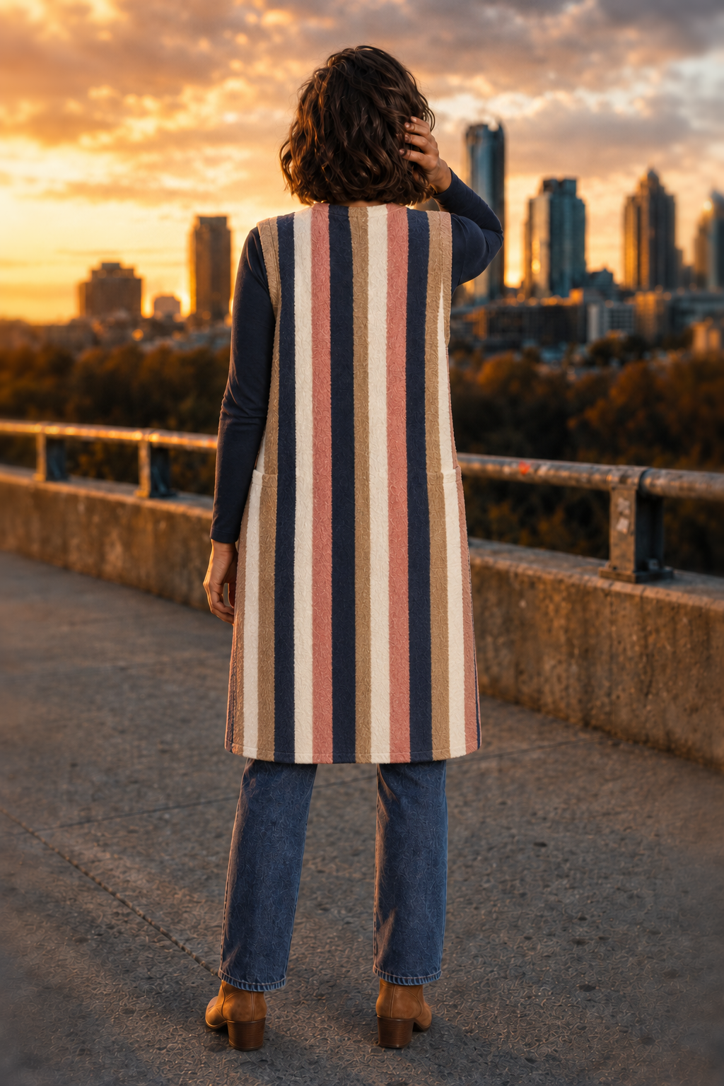3867 Mocha Multi Stripe Long Pocket Vest - back