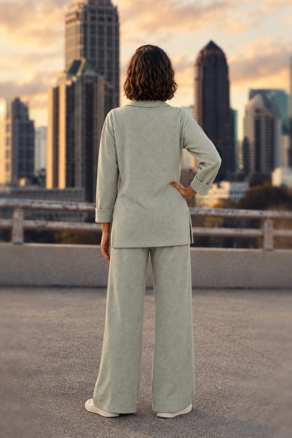 662 Sage Textured Collared Top & Wide-Leg Pants Set — back