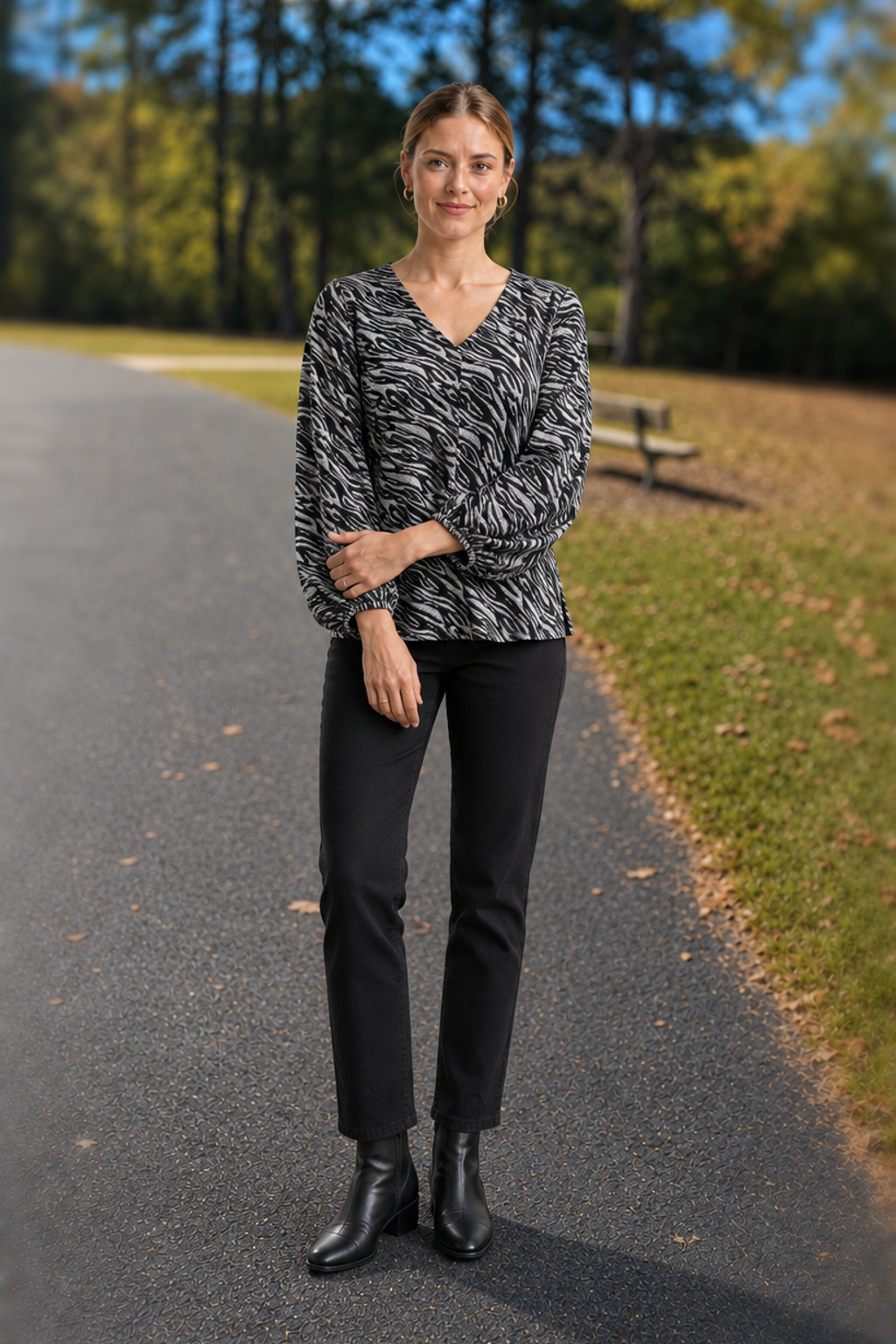 5482 Black Silver Zebra Shimmer Balloon Sleeve Top