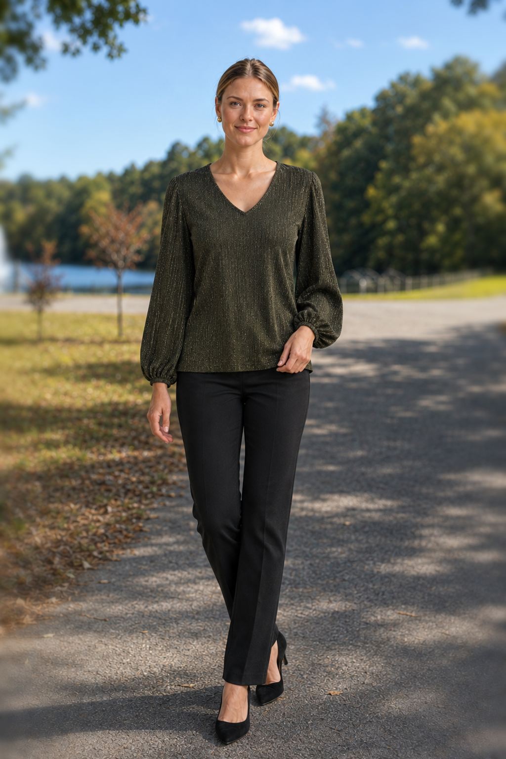 5482 Olive Gold Stripe Shimmer Balloon Sleeve Top