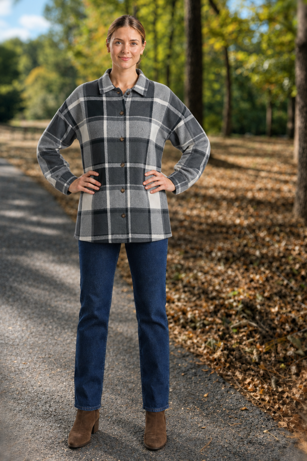 Model wearing the 1564 gray plaid flannel button-down shirt with dark jeans and brown ankle boots in a park