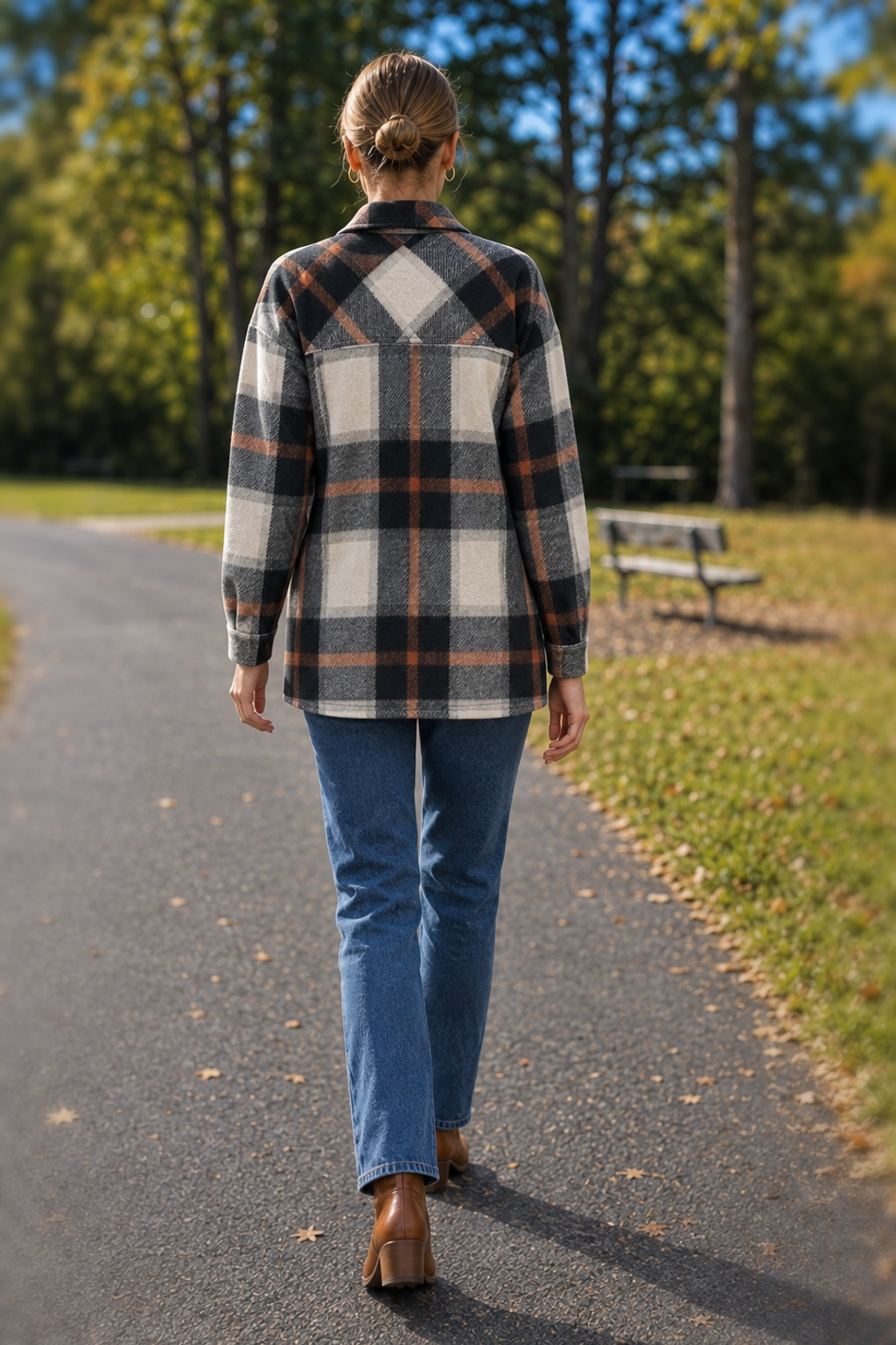 4015 Black White Rust Plaid Flannel Shacket - back