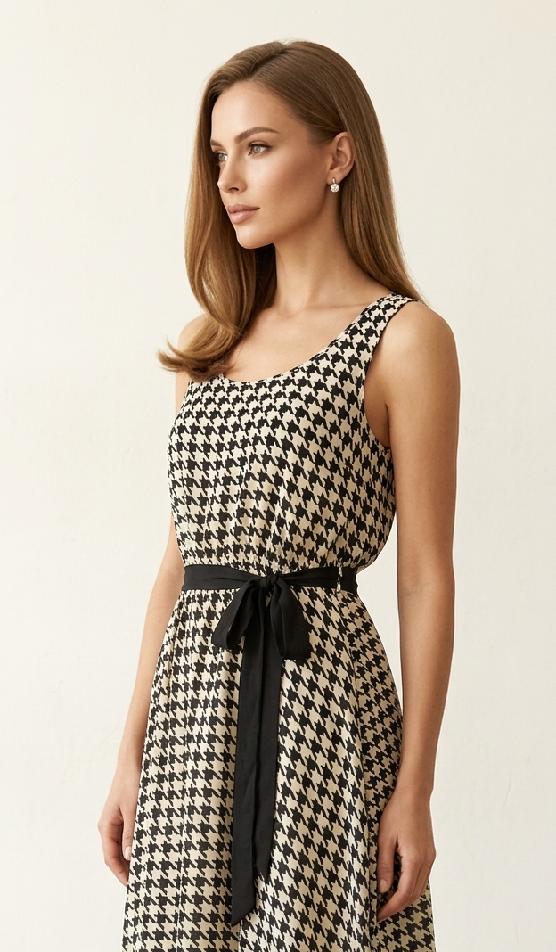 10534 Black & White Houndstooth Flowy Midi Dress