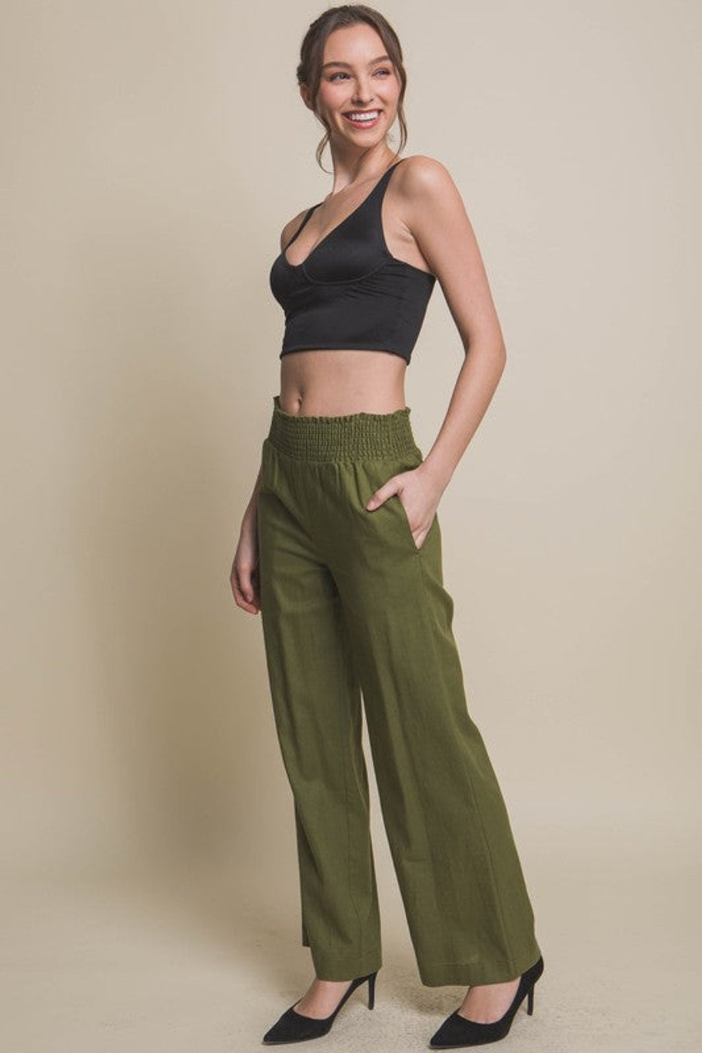 Style 6811 Olive Linen Smocked Waist Pants