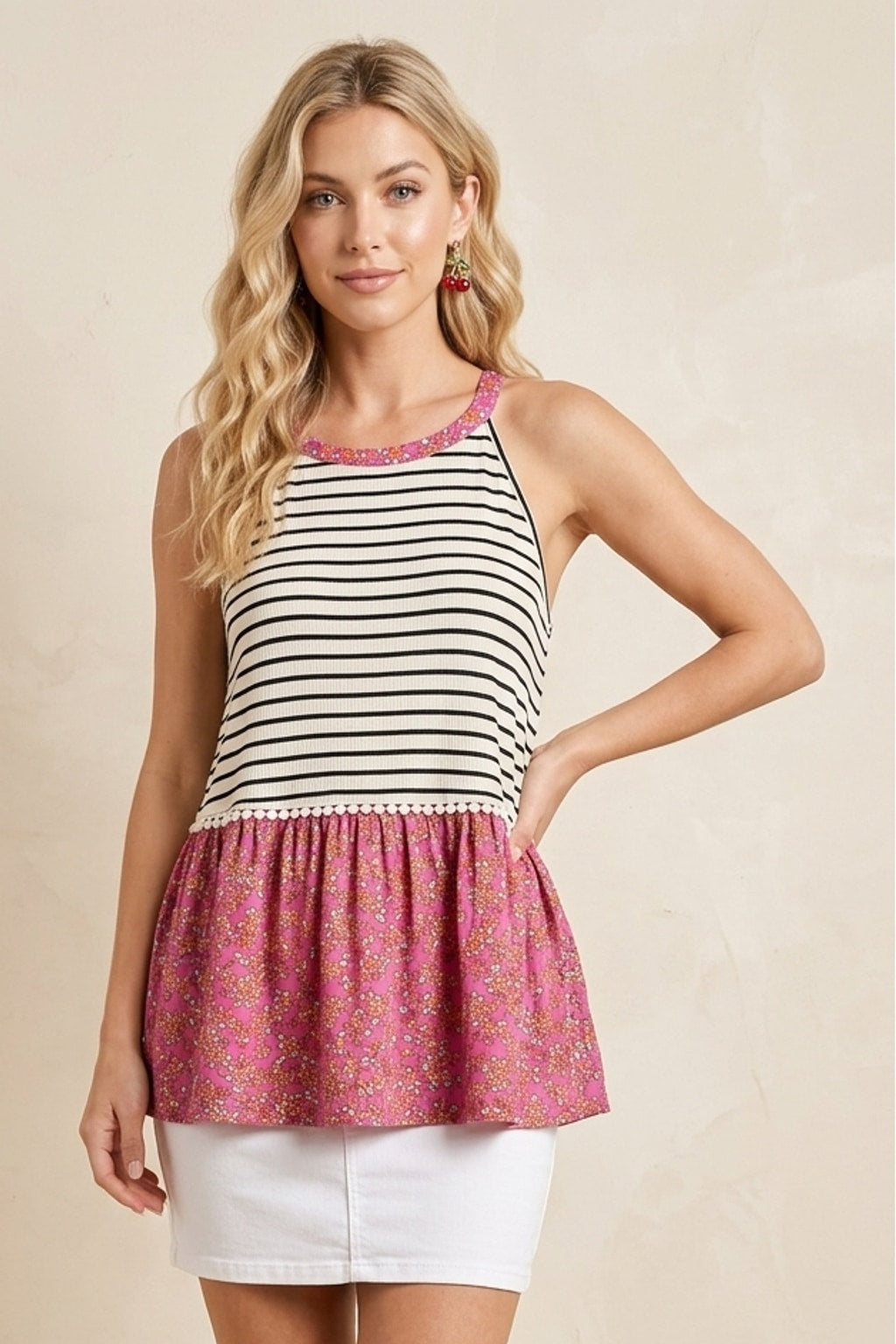 3280 Stripe and Floral Sleeveless Top