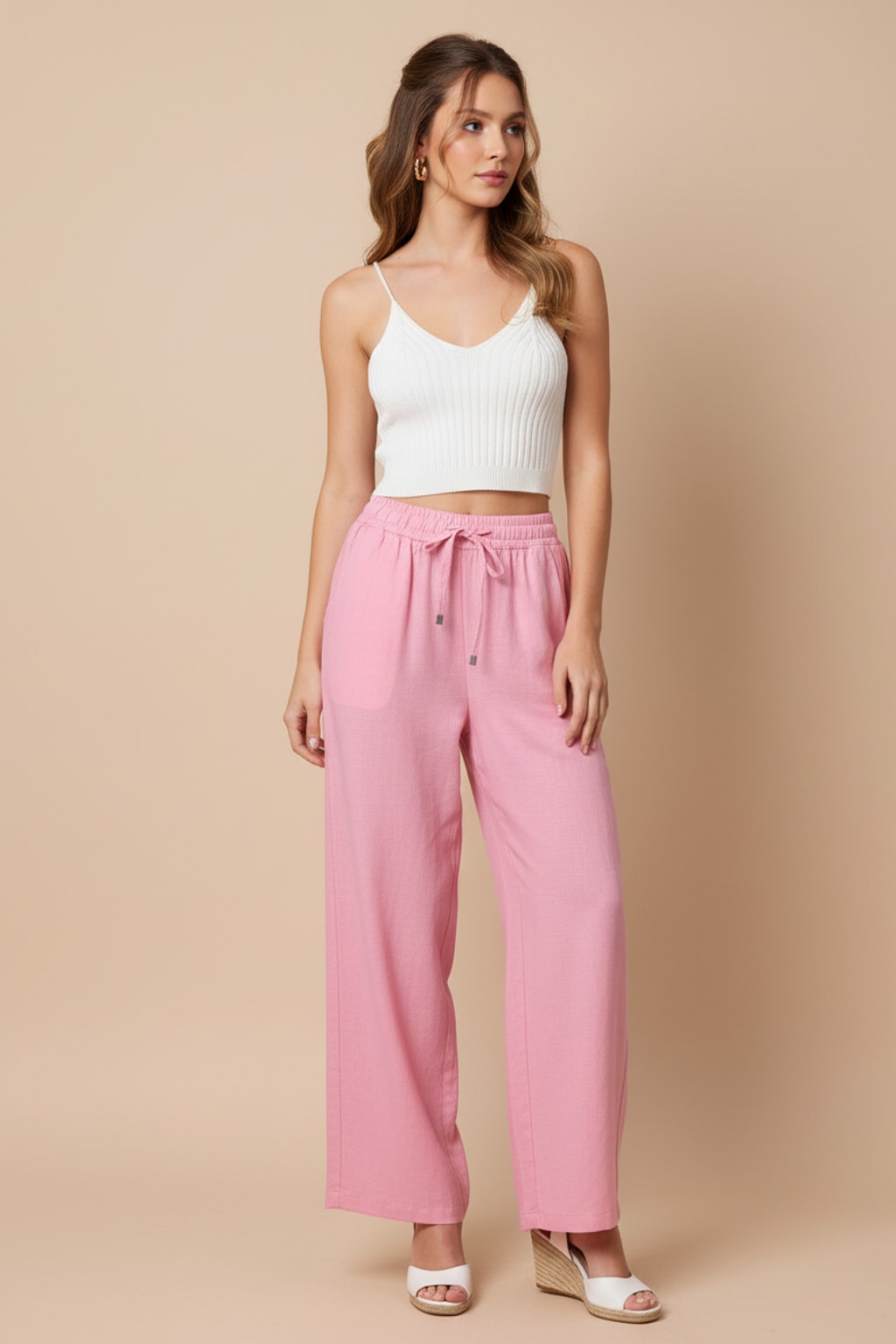 6978 Pink Wide-Leg Drawstring Linen Pants with pockets