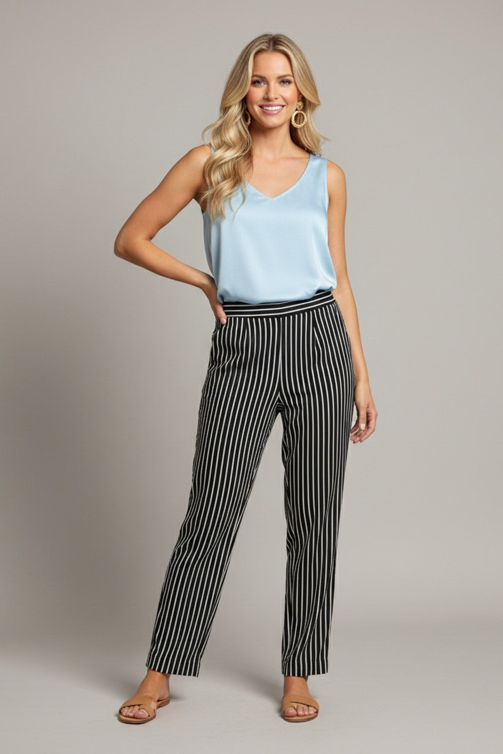 F291 City Chic Black & White Stripe Pants with pockets