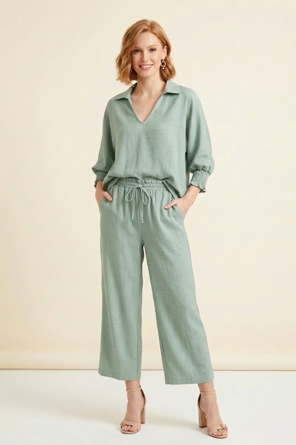 5820CC-S Soft Sage Smocked Sleeve Blouse and Drawstring Pants Two-Piece Set