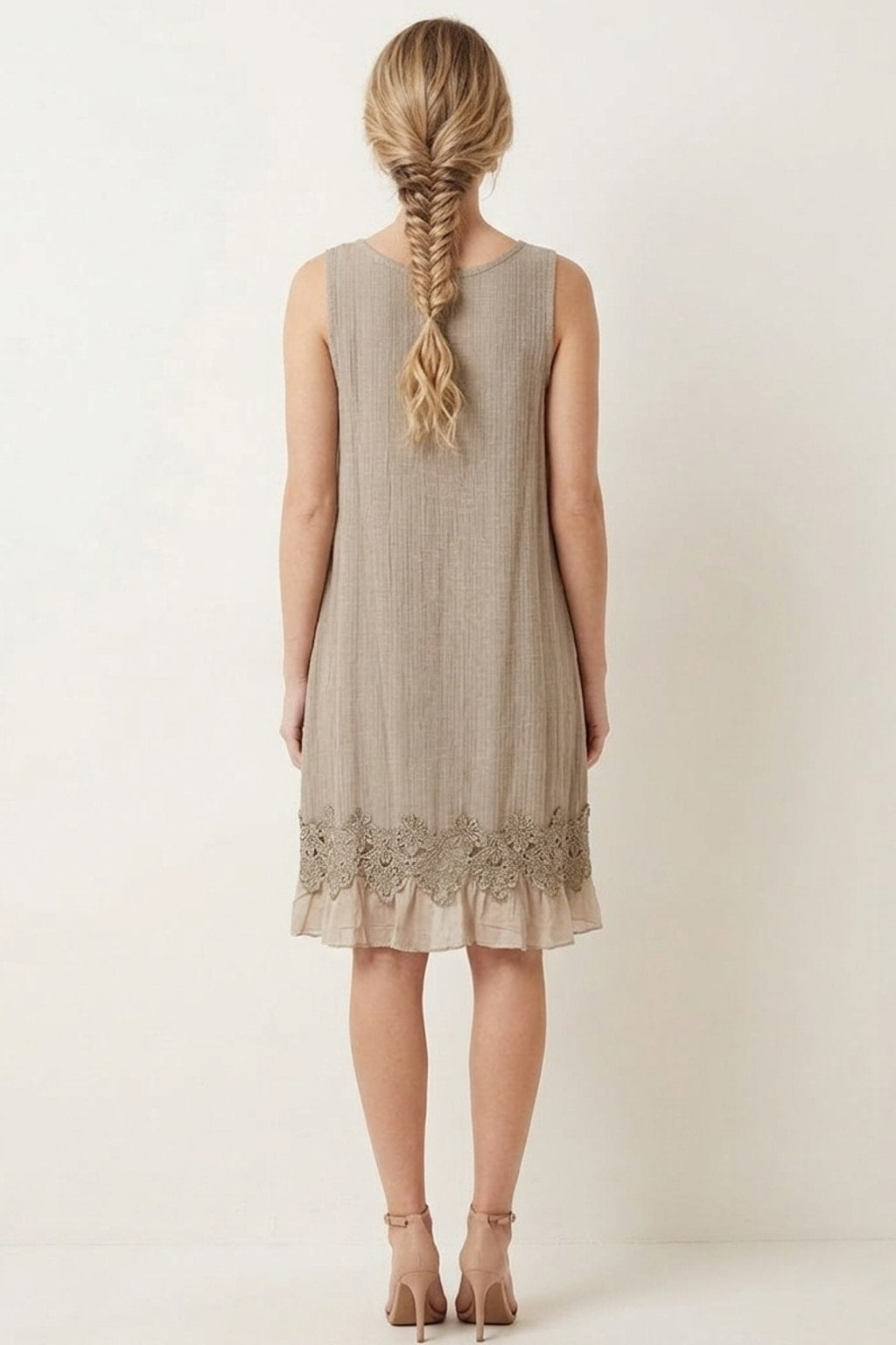 85000 Taupe Sleeveless Dress with Lace Hem