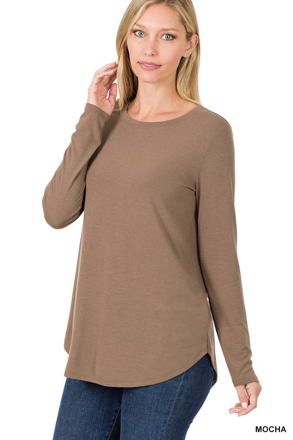 Style2103 Mocha L/Sleeve Solid Poly /Rayon/ Spandex Top