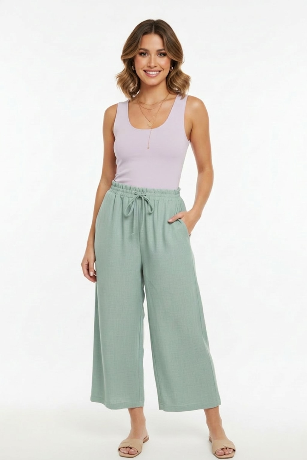1013CC Soft Sage Crop Drawstring Pants with side pocket