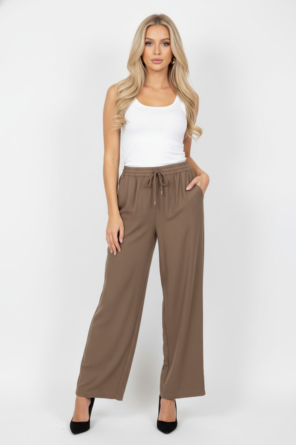 6978 Mocha Wide-Leg Drawstring Linen Pants with pockets