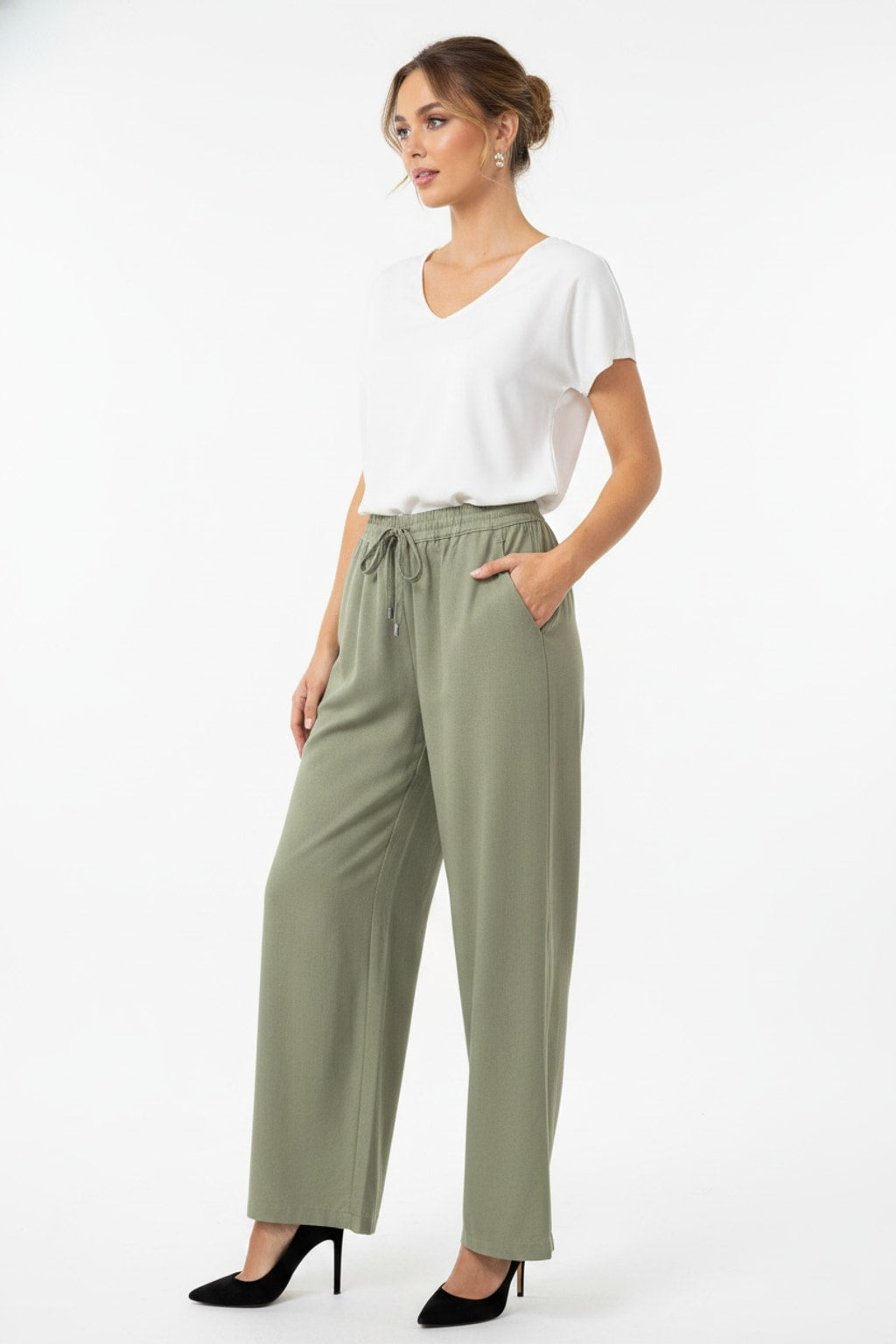 6978 Olive Grove Wide-Leg Drawstring Linen Pants with pockets