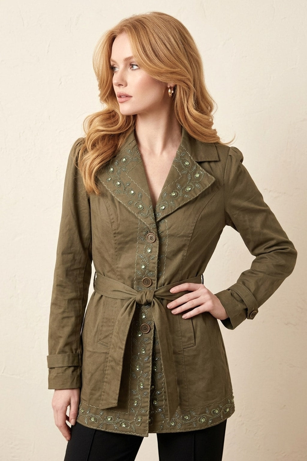 1010 Olive Embellished Belted Jacket
