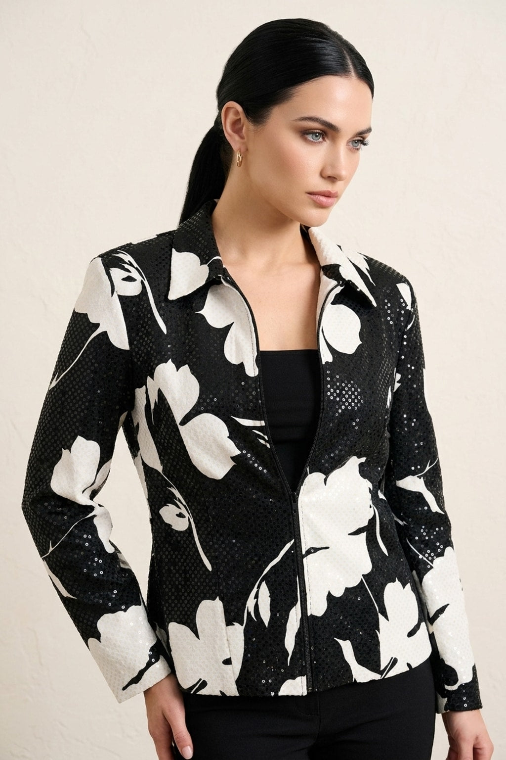 1773 Black and White Shimmer Floral Jacket
