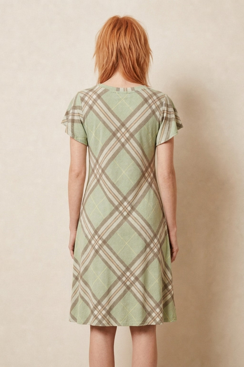 5637 Sage Charm Plaid Dress with side pockets