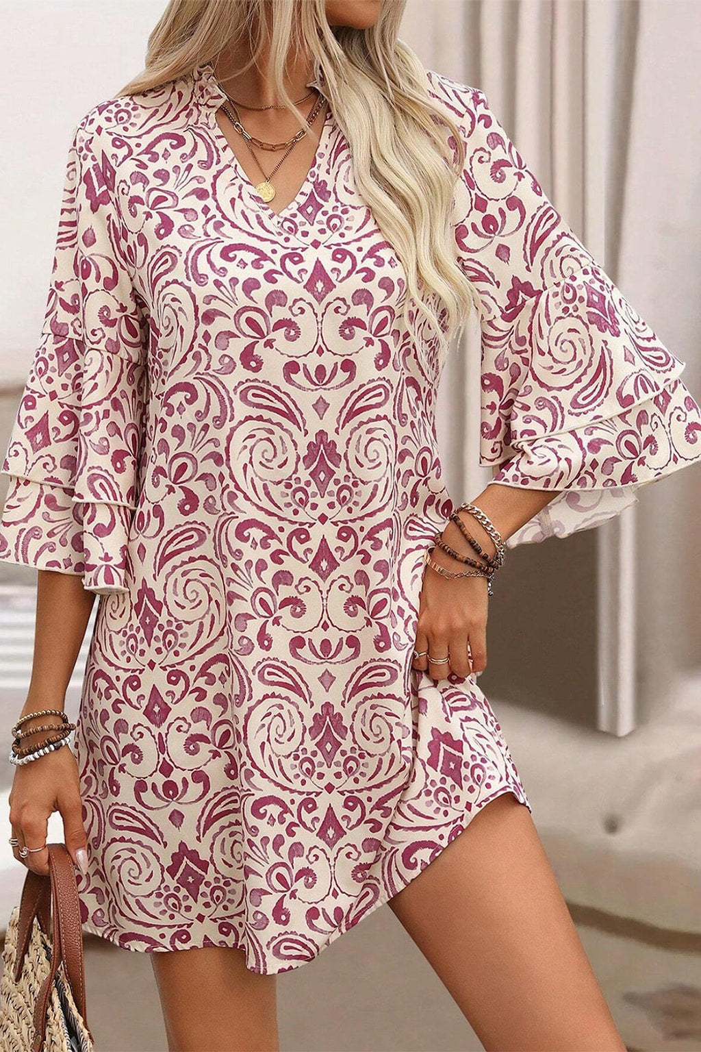 Style 1727 Pink Paisley Print Tiered 3/4 Sleeve Notched Neck Dress