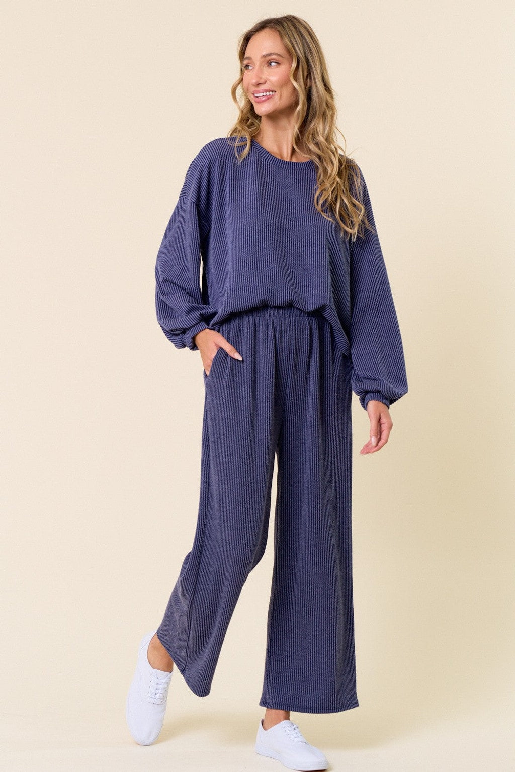 Style 5635 Cornflower Blue Rib Ankle Length Pants with Side Pockets