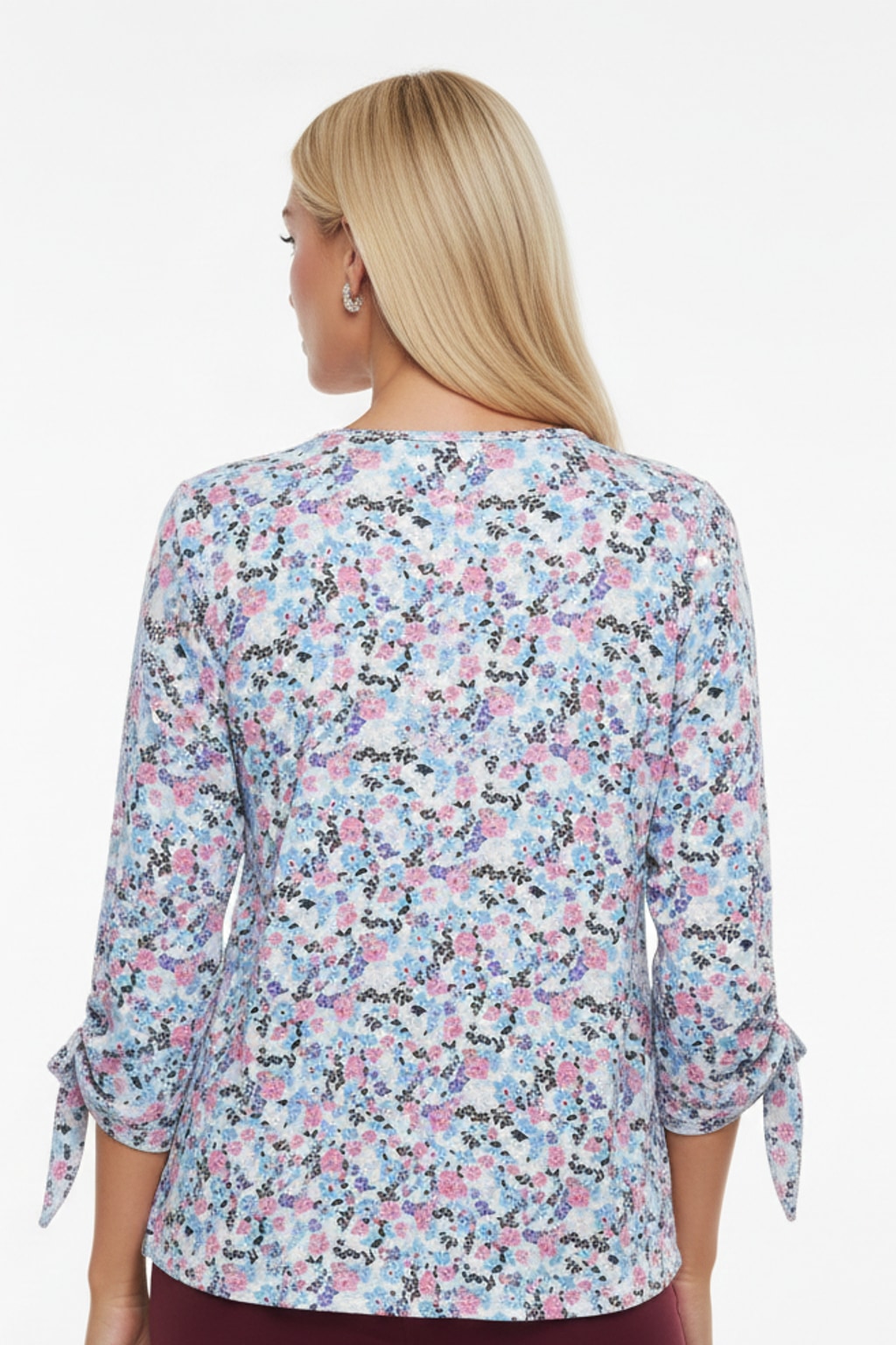 3866 Romantic Light Blue Floral Tie Sleeve Top
