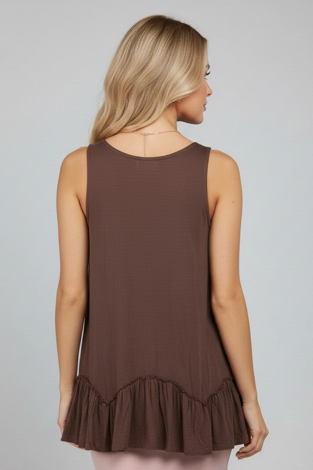 319 Cacao Brown Ruffle-Hem Sleeveless Top