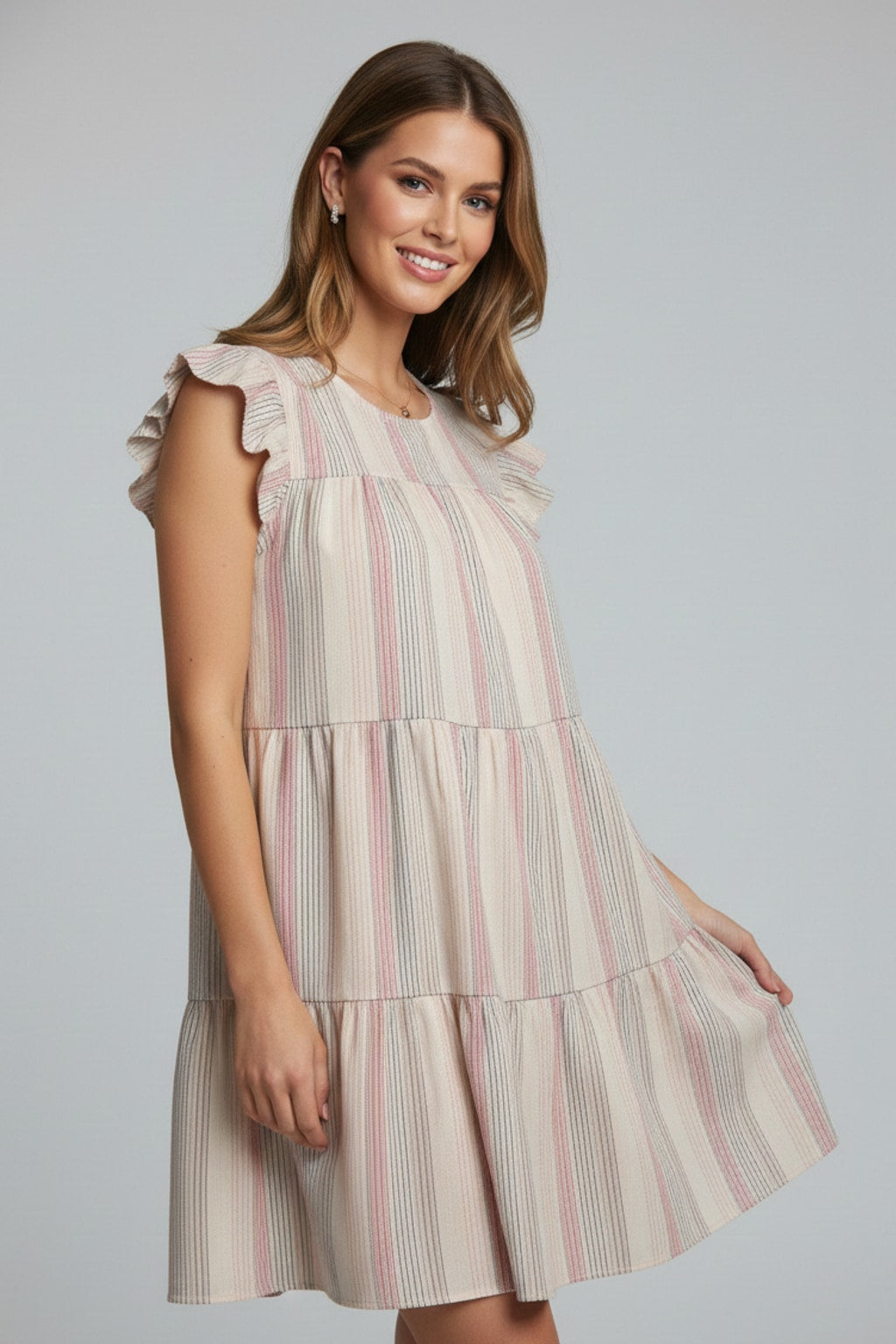 1690 Cream & Rose Stripe Tiered Dress