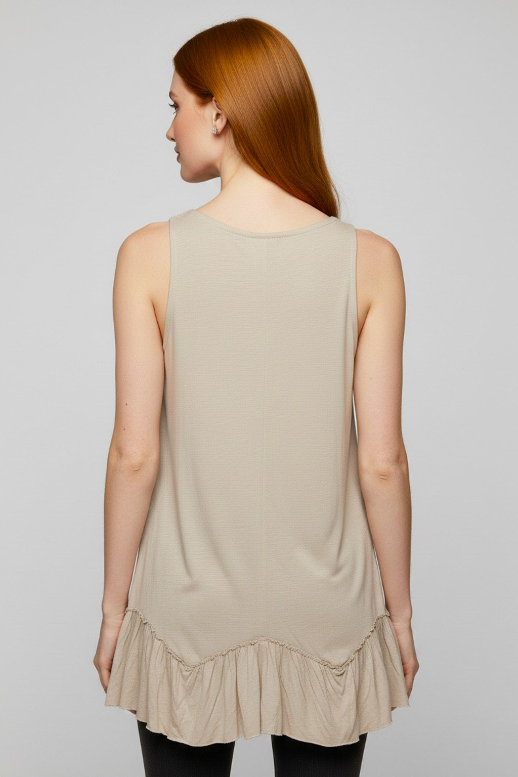 319 Beige Ruffle-Hem Sleeveless Top