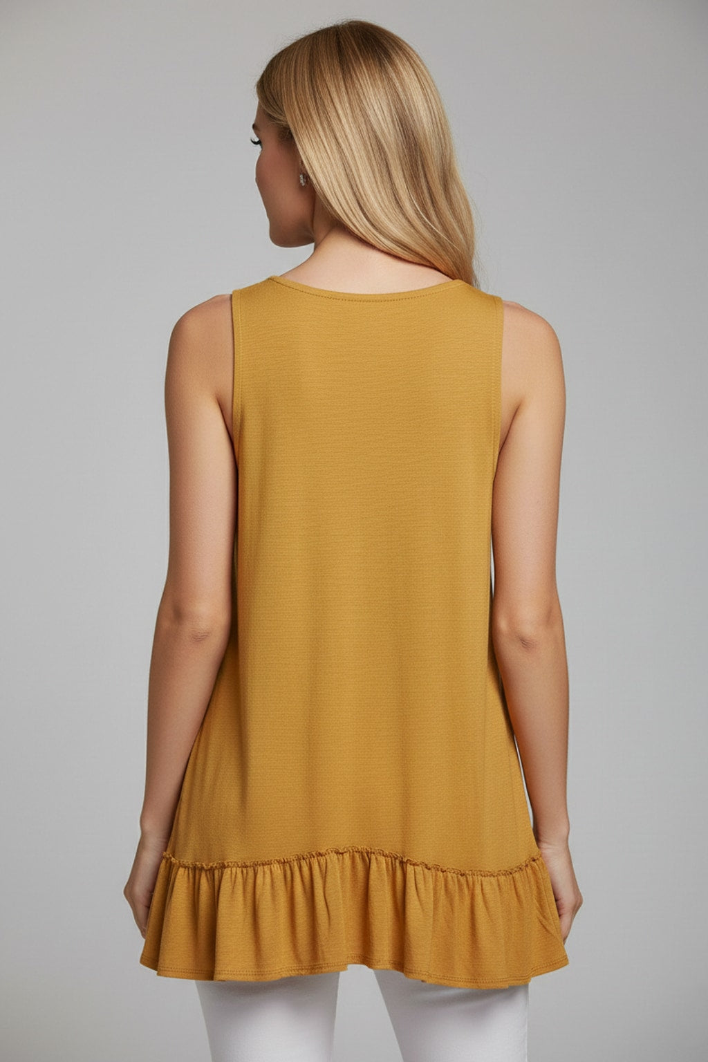 319 Sun-Kissed Mustard Ruffle-Hem Sleeveless Top