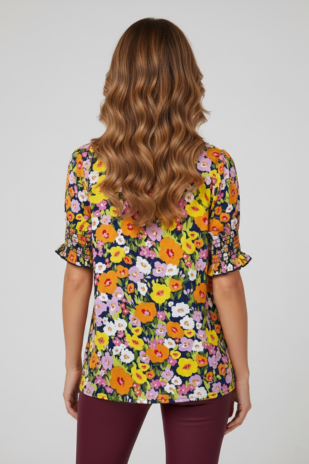 3343 Bright Floral Smocked Sleeve Blouse