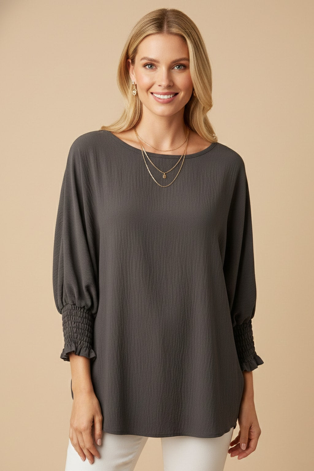 5547 Dark Gray Smocked Sleeve Blouse
