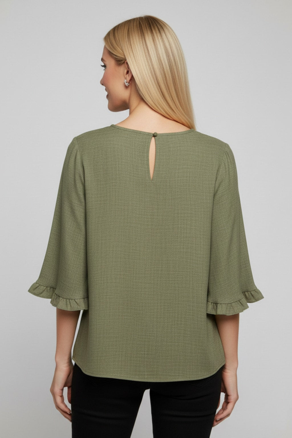 5695CC Dusty Olive Ruffle-Cuff Blouse