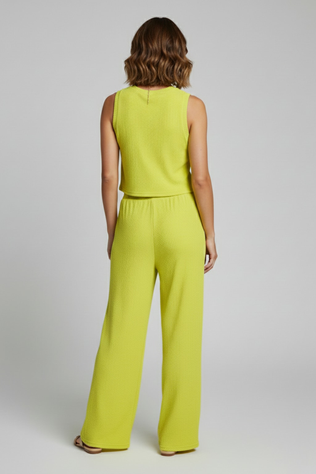 IRIS-1S Neon Yellow Sleeveless Crinkle Top & Wide-Leg Pant Set