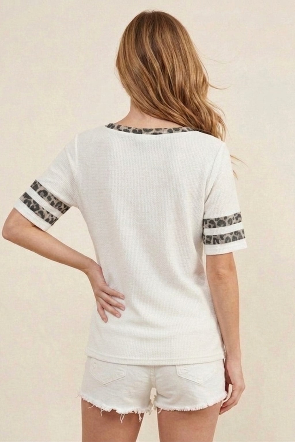 7827 White and Leopard Trim V Neck Top