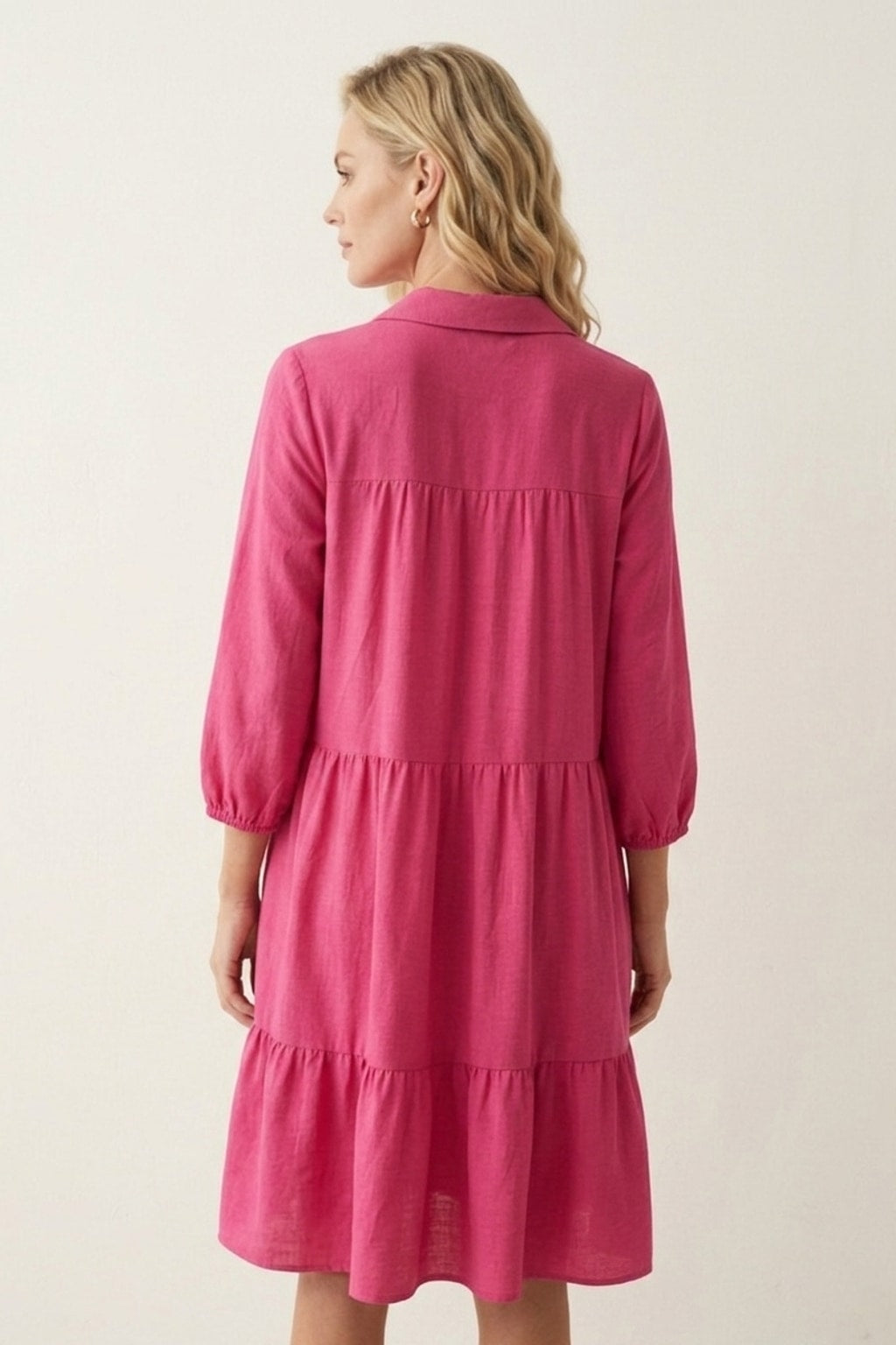 3960 Hot Pink Tiered Dress with Button Detail Dress
