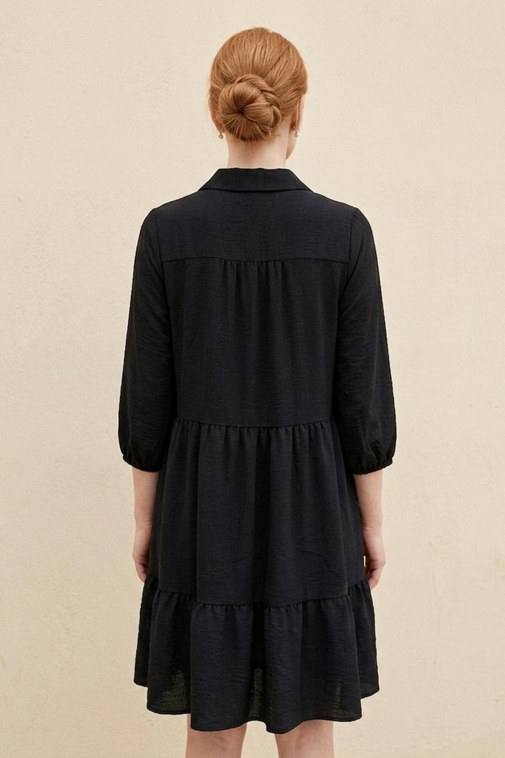 3960 Midnight Black Tiered Dress with Button Detail Dress