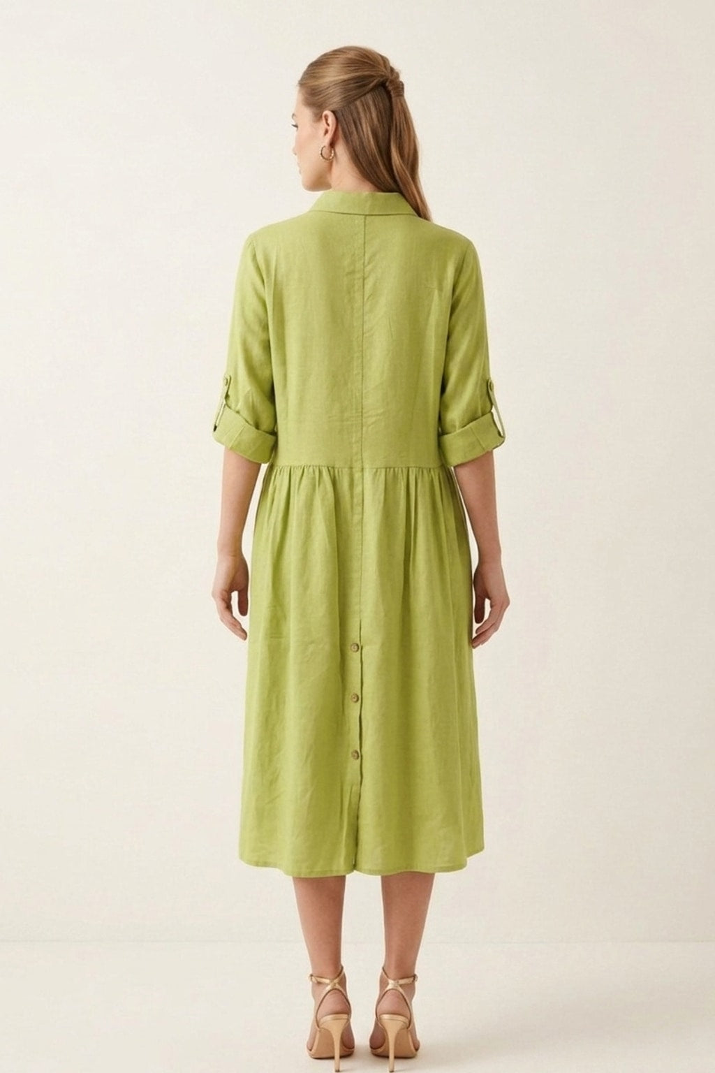 9887 Lime Button-Down Linen Dress with pockets