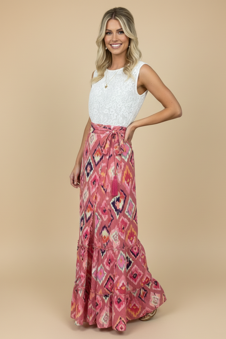 Sk-101 Pink Boho Diamond Tiered Ruffle Skirt